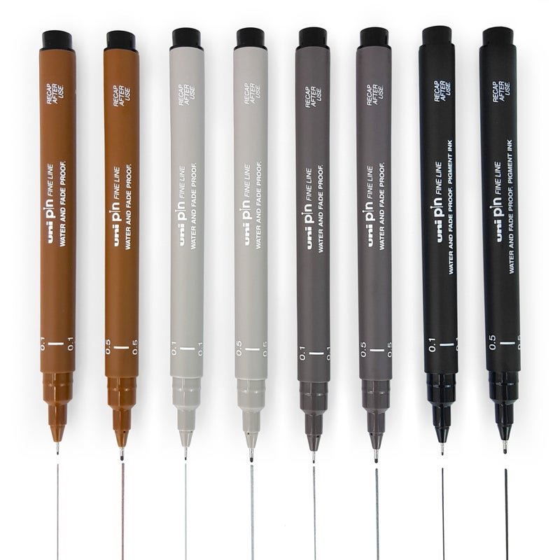 Uni Pin Fineliner Drawing Pen - Sketching Set of 8-0.1mm / 0.5mm - Black, Dark Gray, Light Gray, and Sepia - Image 1